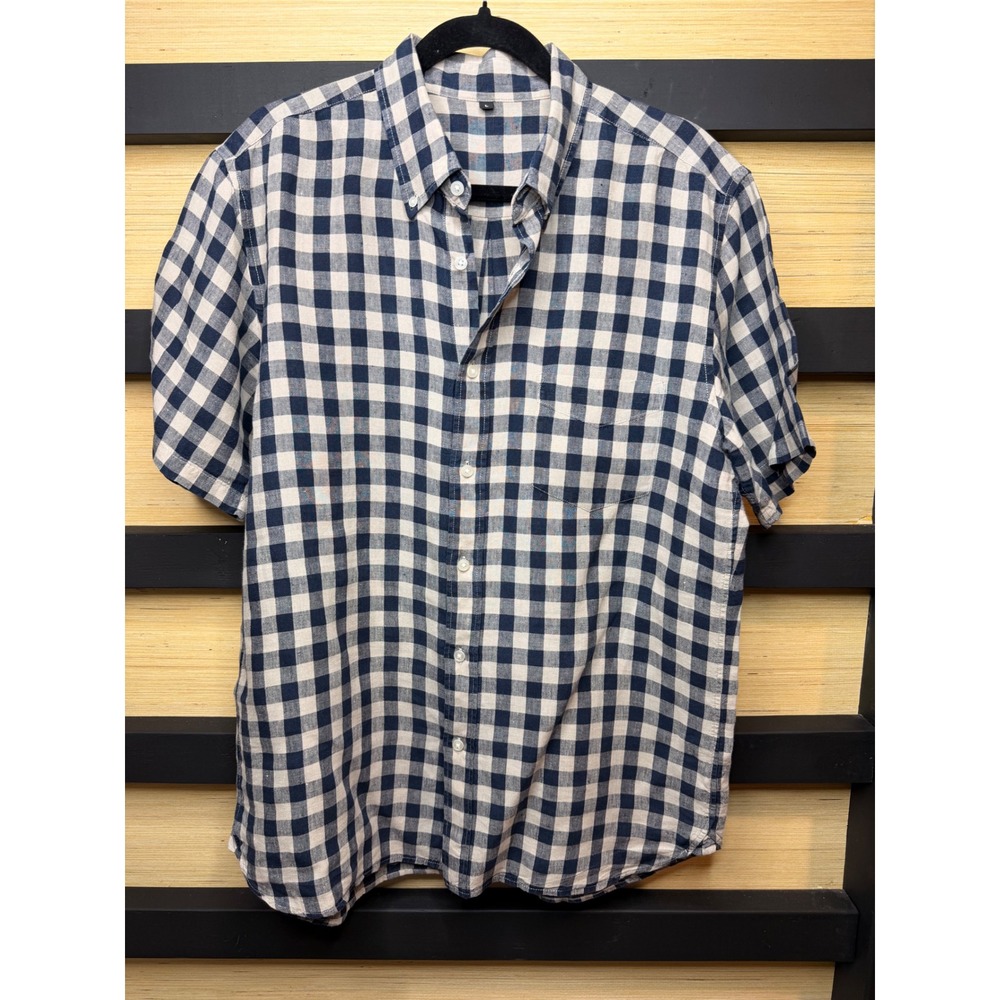 Muji Mens Short Sleeve Linen Gingham Check Button Down Shirt Navy Beige Large